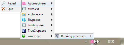 Running processes item and menu